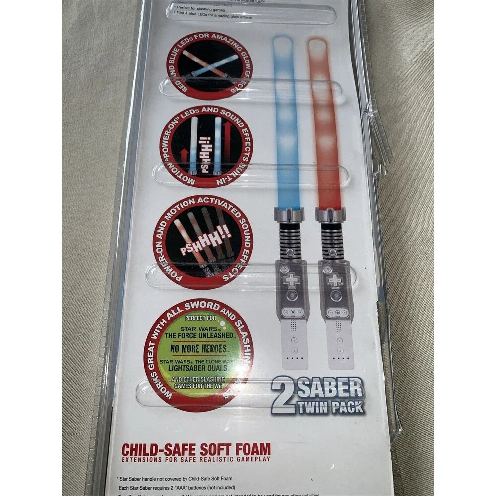 Wii Twin Star Sabers Twin Pack Child Safe Soft Foam LED & Sound Effects NIB IMP